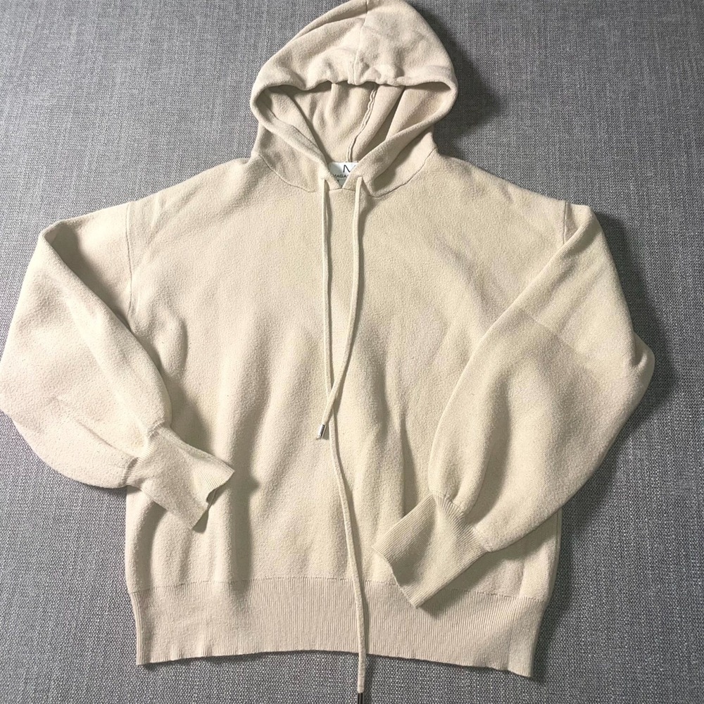 Magaschoni Hoodie Womens Medium Beige Rayon Cozy Tight Knit Ribbed Thermal‎